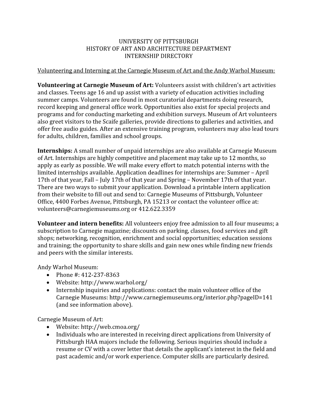 University of Pittsburgh History of Art and Architecture Department Internship Directory