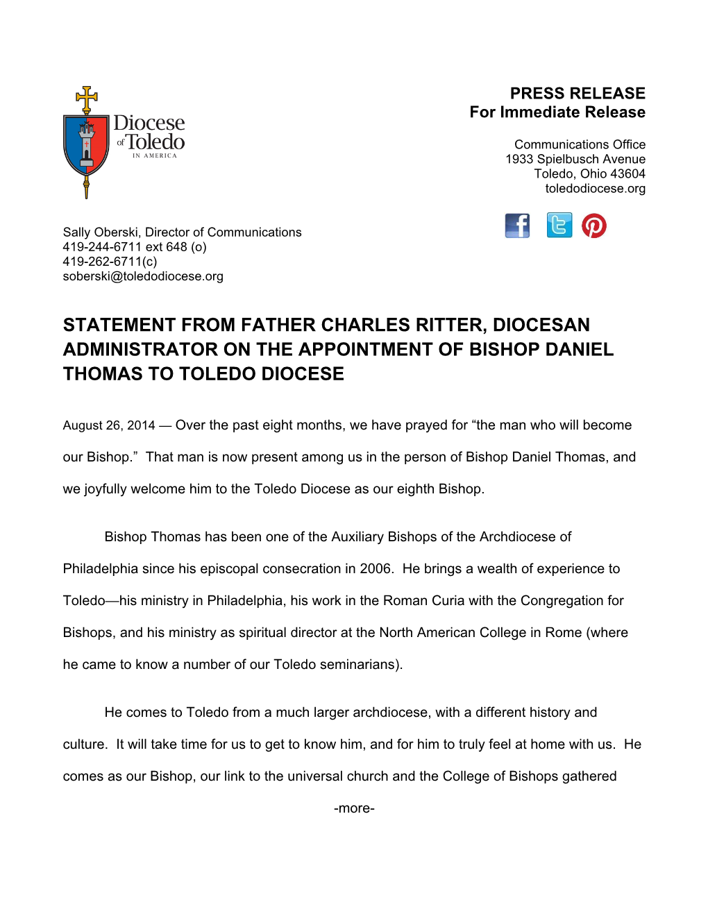 Statement from Father Charles Ritter, Diocesan Administrator on the Appointment of Bishop Daniel Thomas to Toledo Diocese