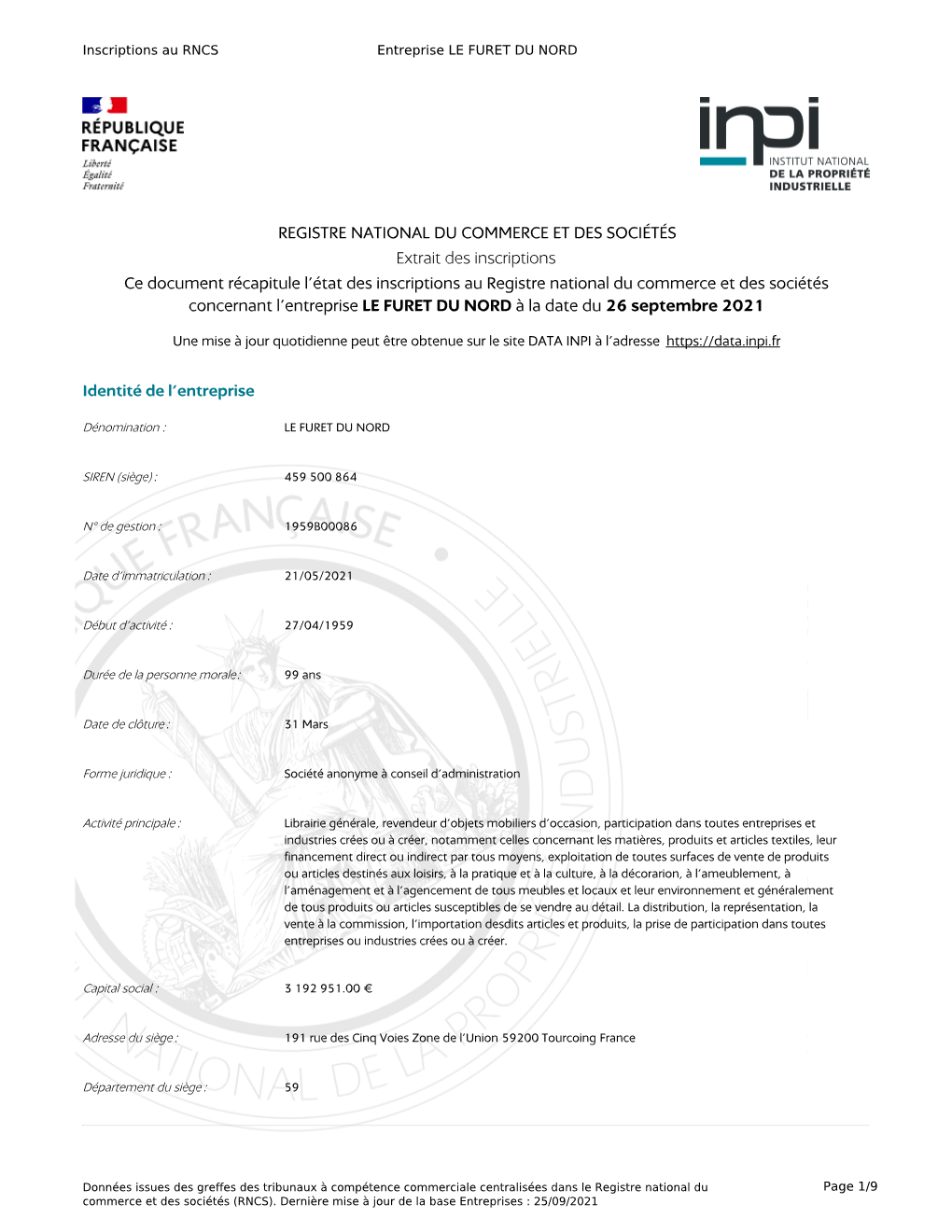 REGISTRE NATIONAL DU COMMERCE ET DES SOCIÉTÉS Extrait Des Inscriptions Ce Document Récapitule L'état Des Inscriptions Au R