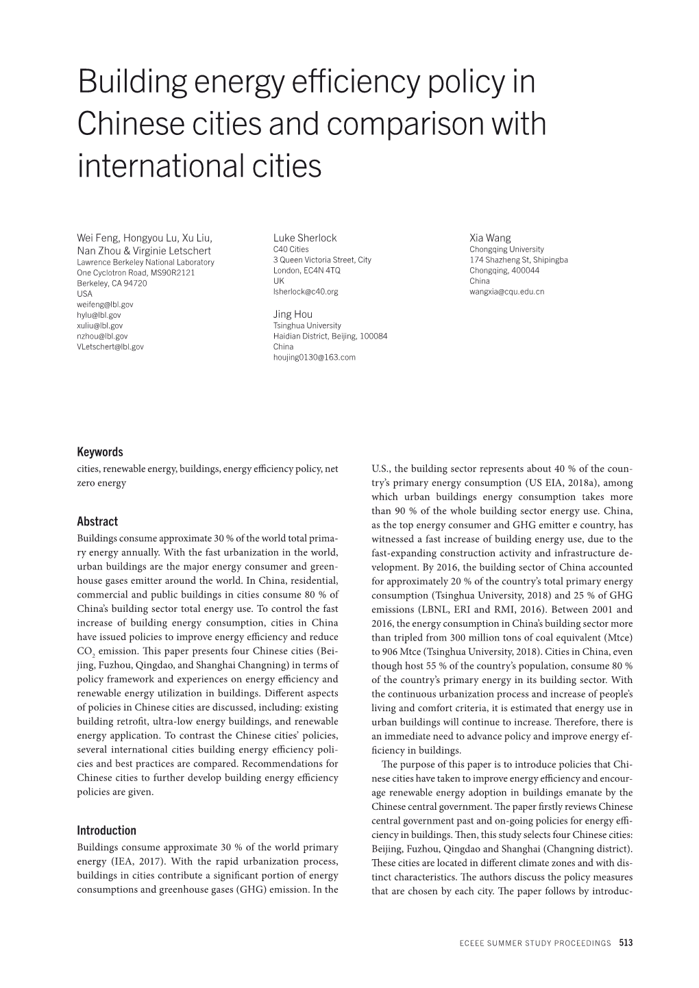 Building Energy Efficiency Policy in Chinese Cities and Comparison with International Cities