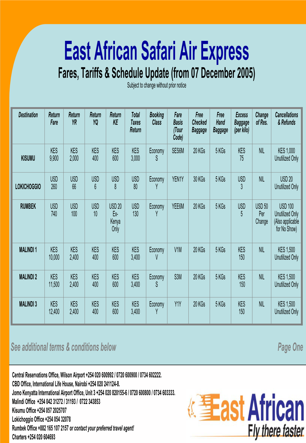 East African Safari Air Express Fares, Tariffs & Schedule Update (From 07 December 2005) Subject to Change Without Prior Notice