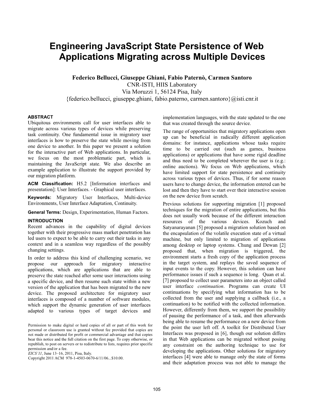 Engineering Javascript State Persistence of Web Applications Migrating Across Multiple Devices