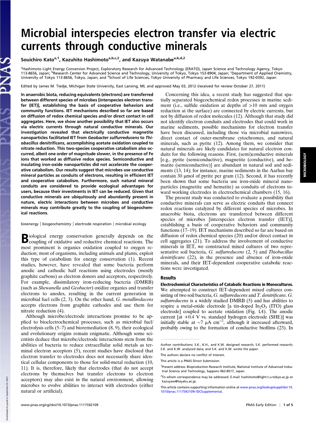 Microbial Interspecies Electron Transfer Via Electric Currents Through Conductive Minerals