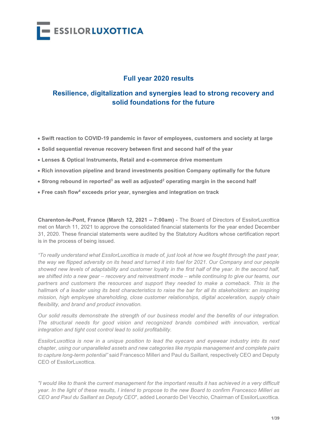 Full Year 2020 Results Resilience, Digitalization and Synergies Lead To