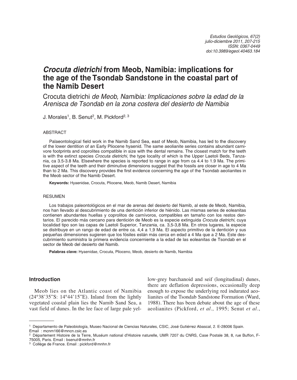 Crocuta Dietrichi De Meob, Namibia: Implicaciones Sobre La Edad De La Arenisca De Tsondab En La Zona Costera Del Desierto De Namibia