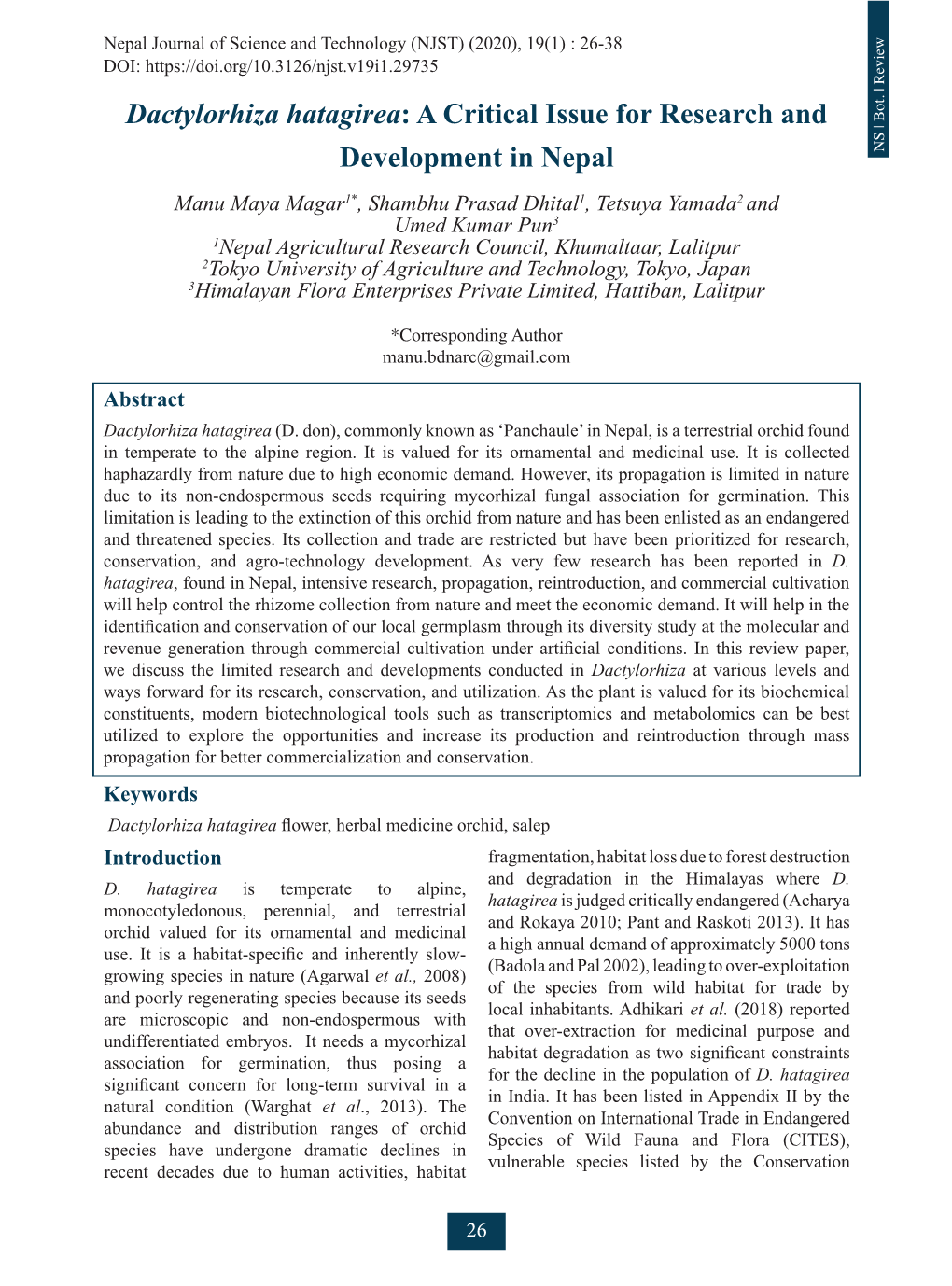 Dactylorhiza Hatagirea: a Critical Issue for Research and Development in Nepal NS | Bot