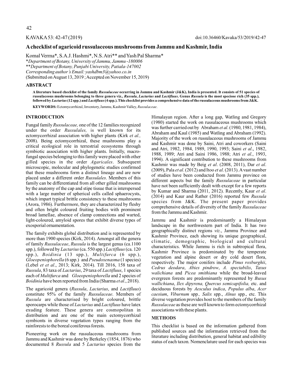 A Checklist of Agaricoid Russulaceous Mushrooms from Jammu and Kashmir, India