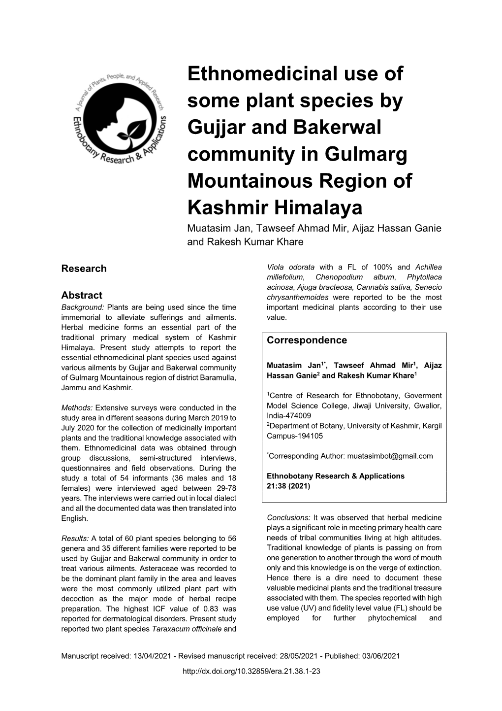 Ethnomedicinal Use of Some Plant Species by Gujjar and Bakerwal Community in Gulmarg Mountainous Region of Kashmir Himalaya