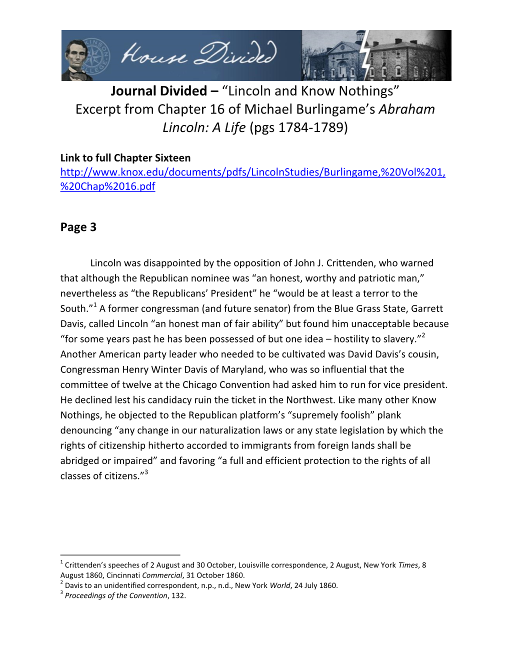 Journal Divided – “Lincoln and Know Nothings” Excerpt from Chapter 16 of Michael Burlingame’S Abraham Lincoln: a Life (Pgs 1784-1789)