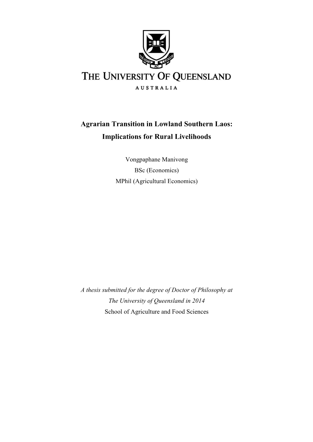 Agrarian Transition in Lowland Southern Laos: Implications for Rural Livelihoods