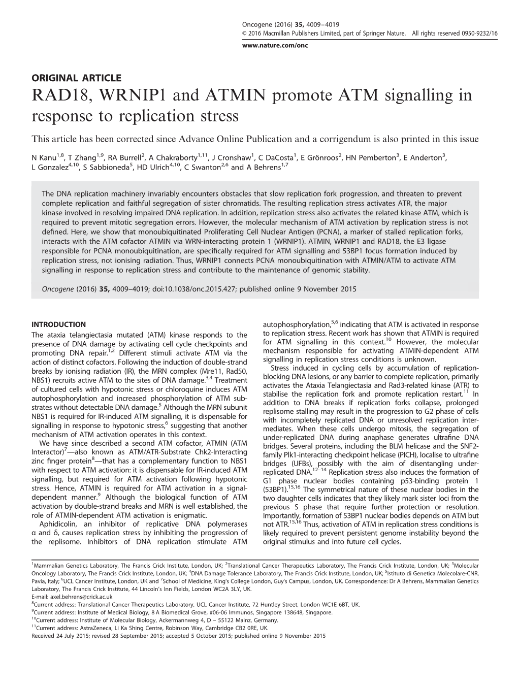 RAD18, WRNIP1 and ATMIN Promote ATM Signalling in Response to Replication Stress