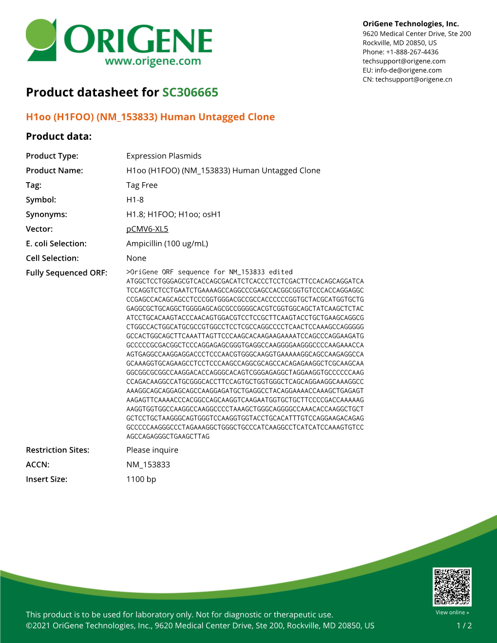 H1oo (H1FOO) (NM 153833) Human Untagged Clone Product Data