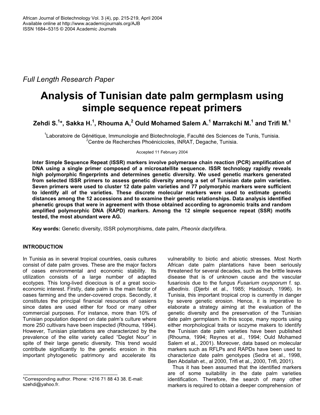 Analysis of Tunisian Date Palm Germplasm Using Simple Sequence Repeat Primers