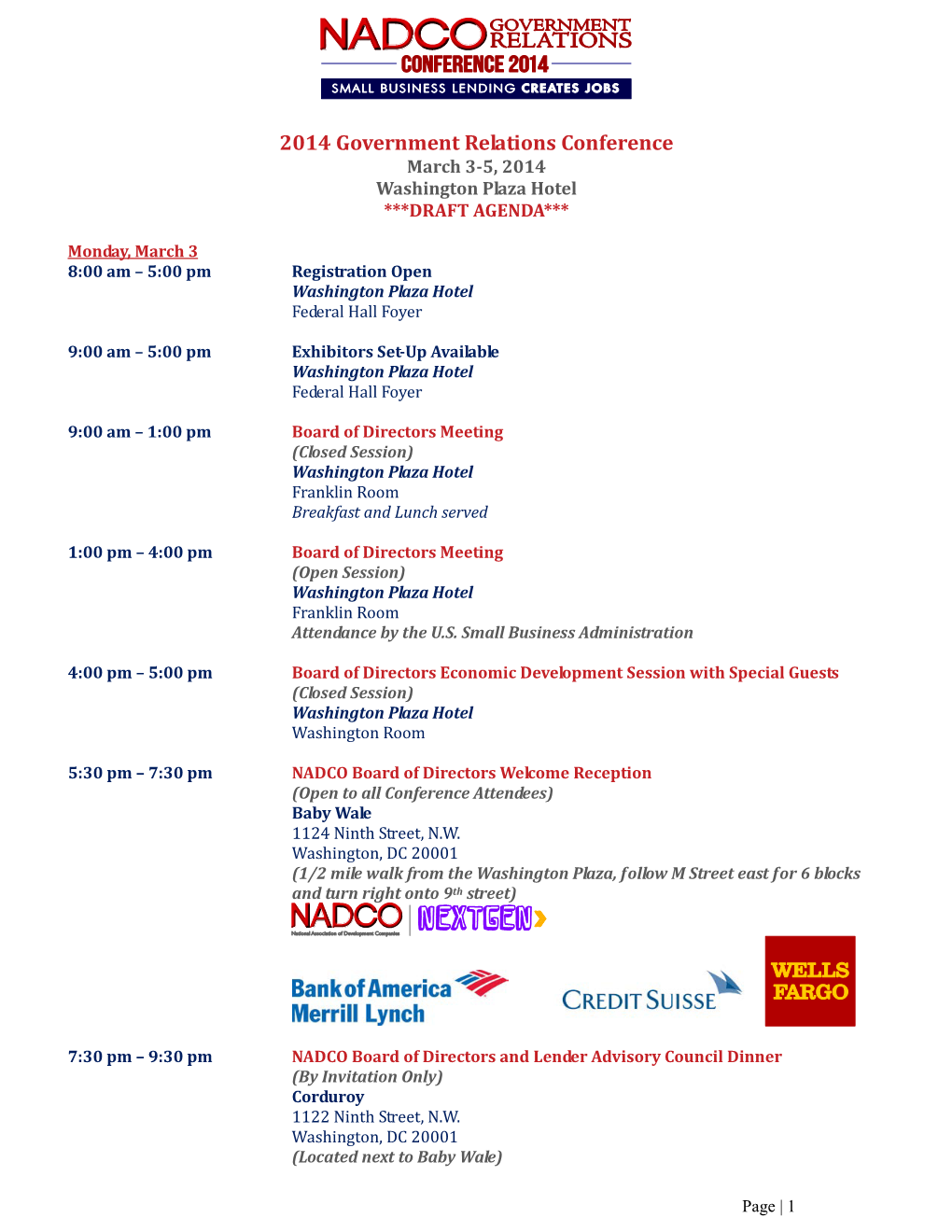 2014 Government Relations Conference March 3-5, 2014 Washington Plaza Hotel ***DRAFT AGENDA***