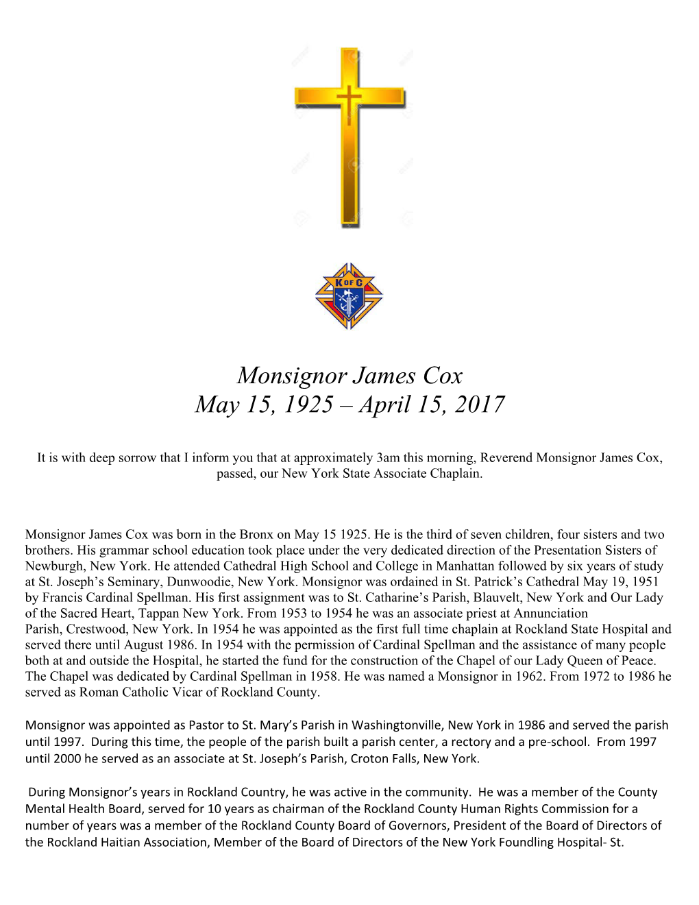 Monsignor James Cox May 15, 1925 – April 15, 2017