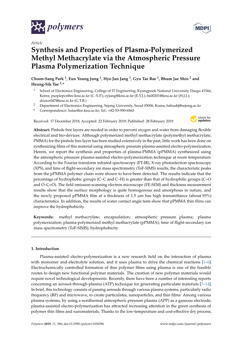 Synthesis and Properties of Plasma-Polymerized Methyl Methacrylate Via the Atmospheric Pressure Plasma Polymerization Technique