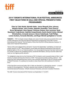 ​Media Release​. 2019 Toronto International Film