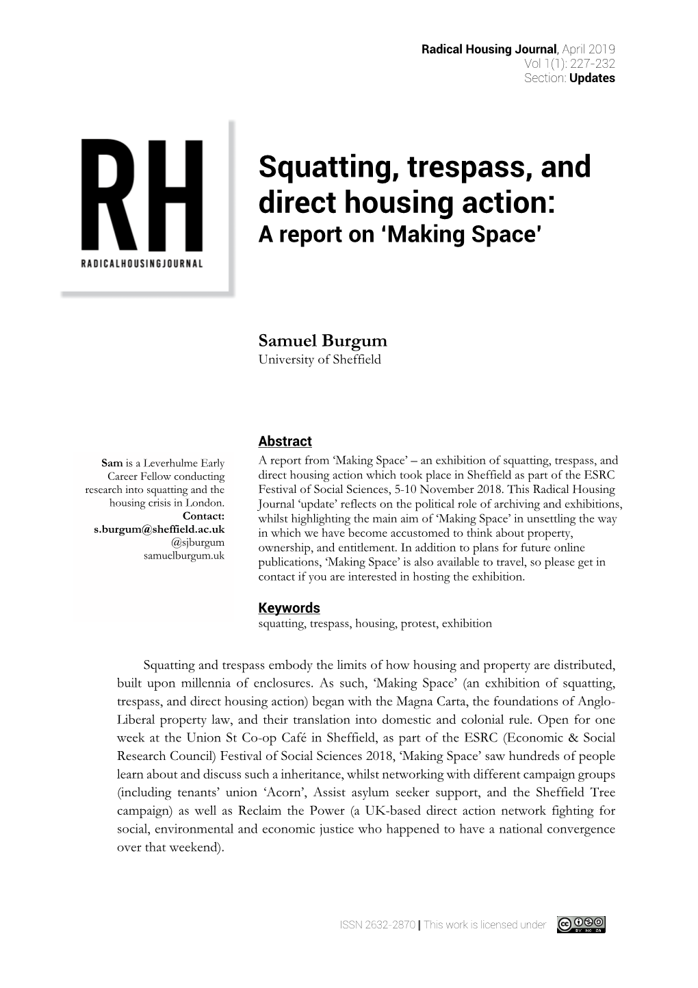 Squatting, Trespass, and Direct Housing Action: a Report on ‘Making Space’