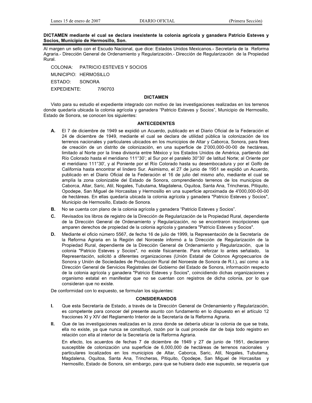 Lunes 15 De Enero De 2007 DIARIO OFICIAL (Primera Sección)