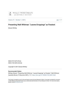 Presenting Walt Whitman: "Leaves-Droppings" As Paratext