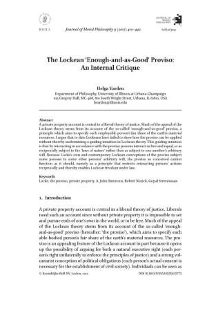 The Lockean ‘Enough-And-As-Good’ Proviso: an Internal Critique