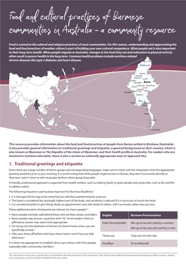 Food and Cultural Practices of Burmese Communities in Australia – a Community Resource Food Is Central to the Cultural and Religious Practices of Most Communities