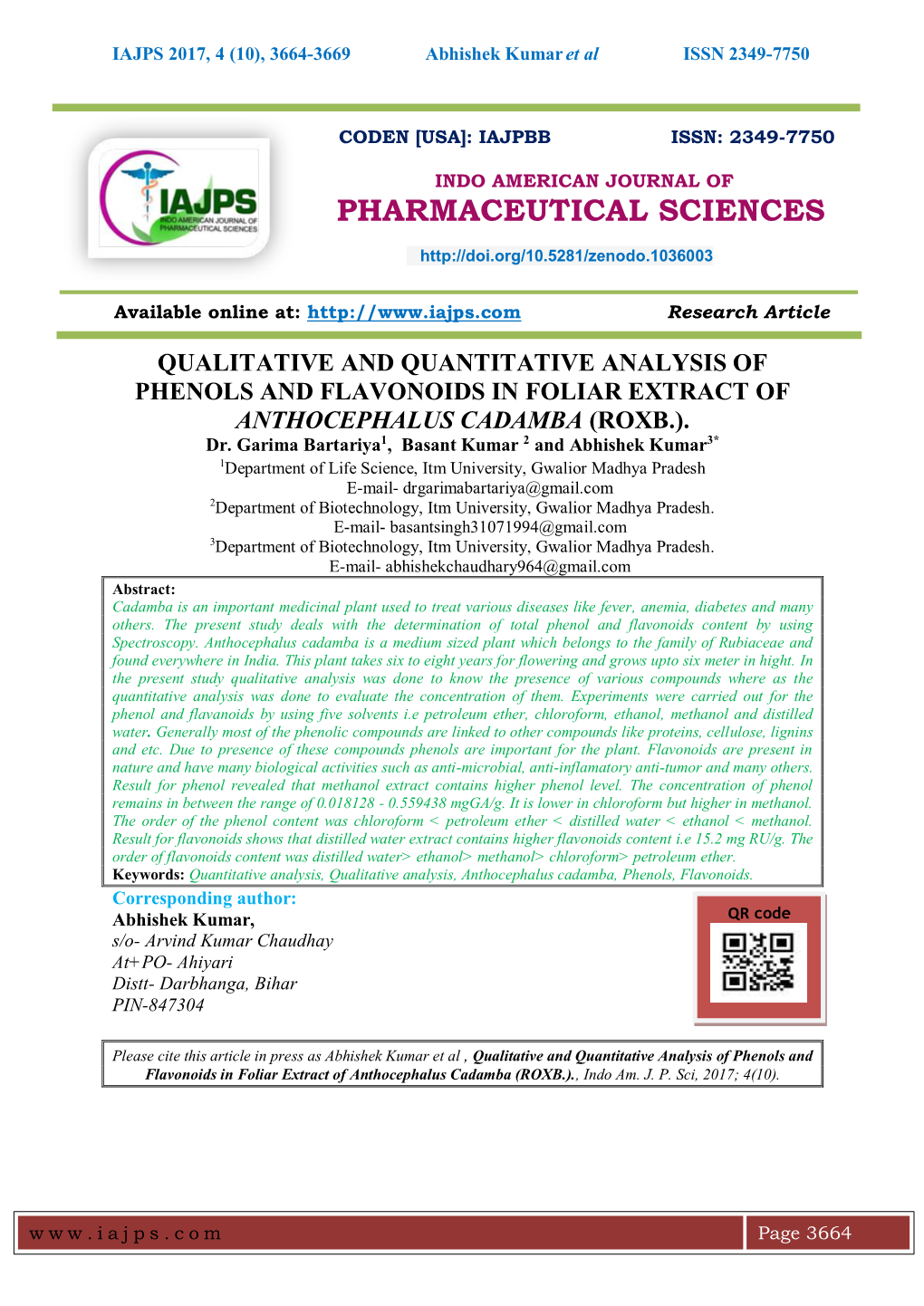 Qualitative and Quantitative Analysis of Phenols and Flavonoids in Foliar Extract of Anthocephalus Cadamba (Roxb.)