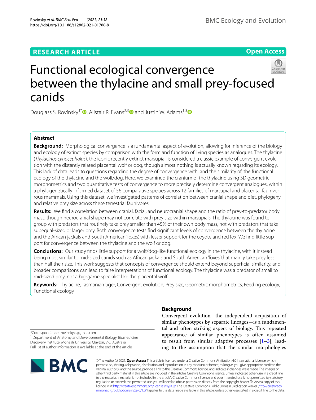 Functional Ecological Convergence Between the Thylacine and Small Prey-Focused Canids