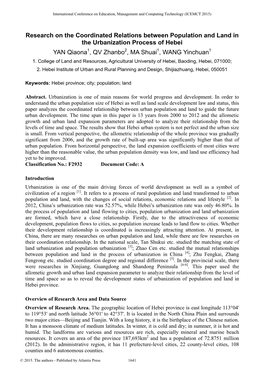 Research on the Coordinated Relations Between Population and Land in the Urbanization Process of Hebei YAN Qiaona1, QV Zhanbo2, MA Shuai1, WANG Yinchuan1 1