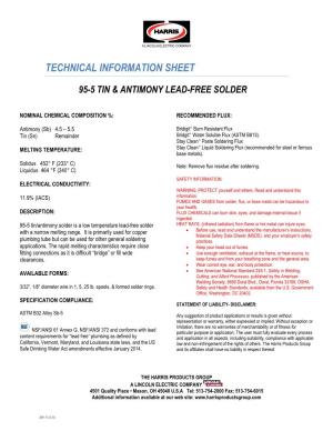 Technical Information Sheet 95-5 Tin & Antimony Lead-Free Solder