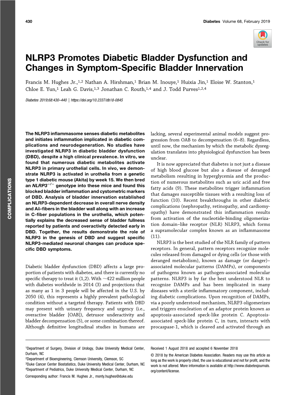 NLRP3 Promotes Diabetic Bladder Dysfunction and Changes in Symptom-Speciﬁc Bladder Innervation