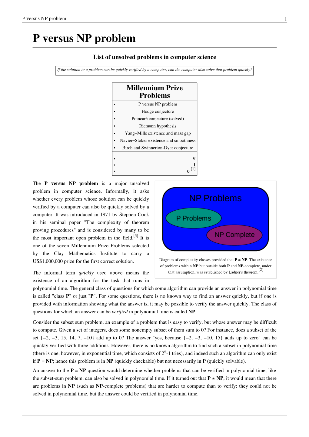 P Versus NP Problem 1 P Versus NP Problem