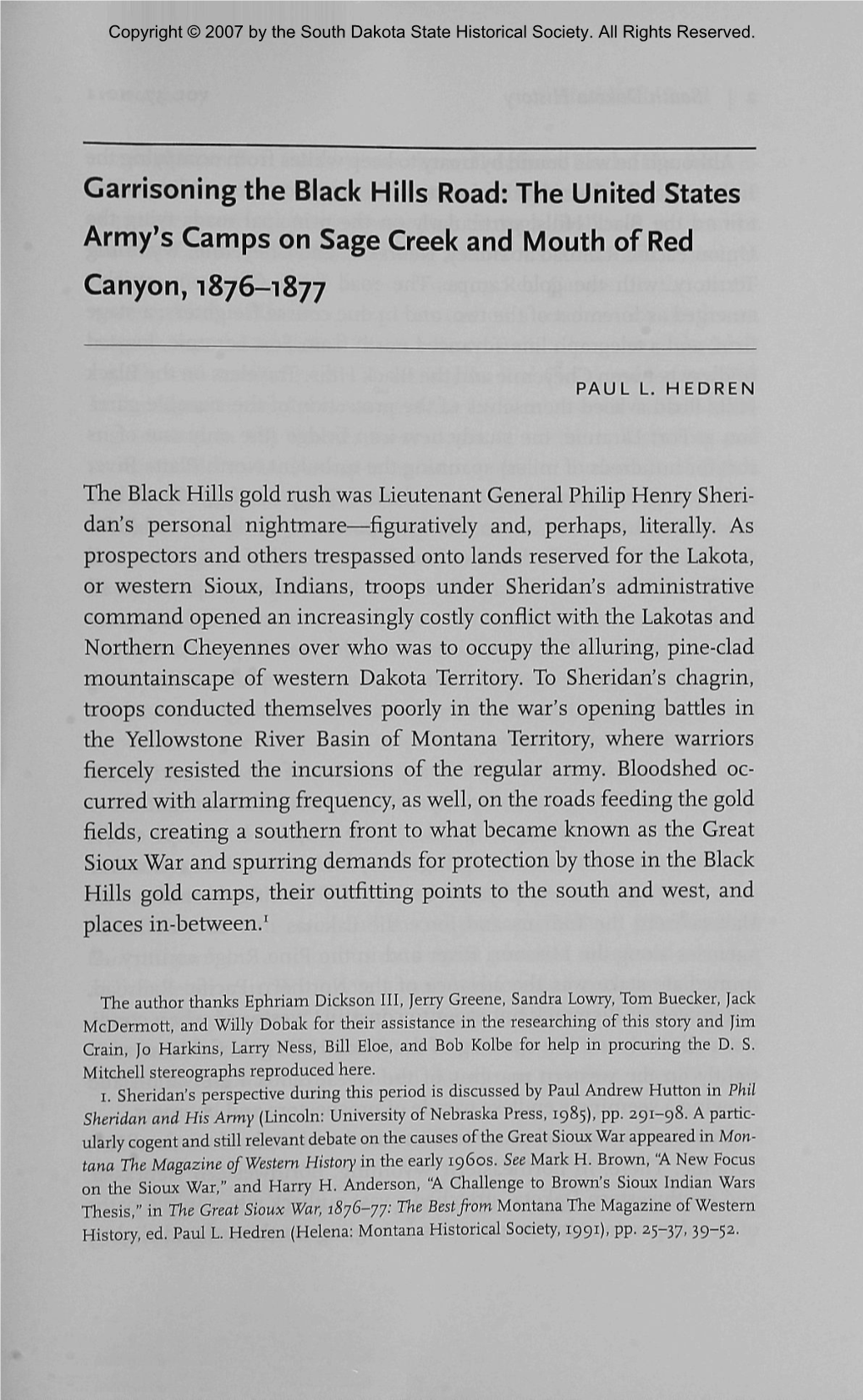 The United States Army's Camps on Sage Creek and Mouth of Red Canyon,1876-1877