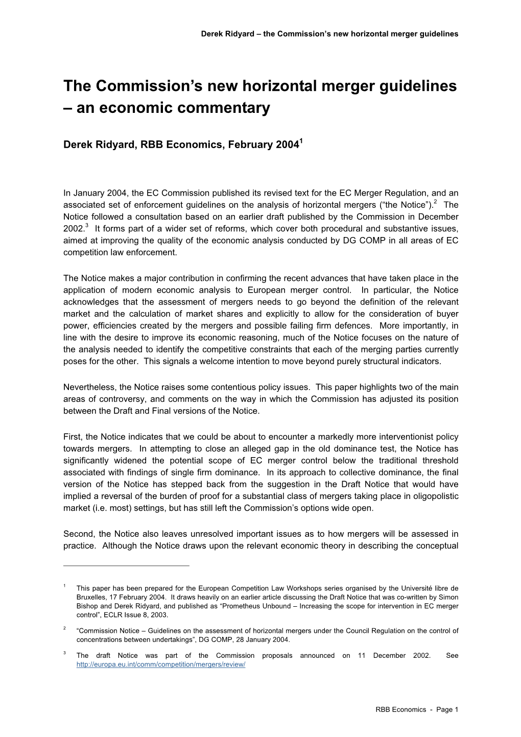 The Commission's New Horizontal Merger Guidelines – an Economic