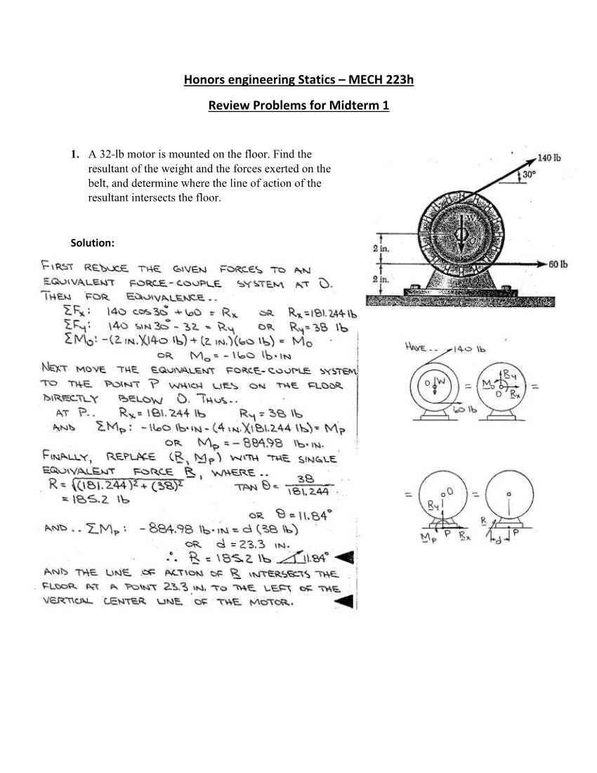 Honors Engineering Statics – MECH 223H Review Problems for Midterm 1