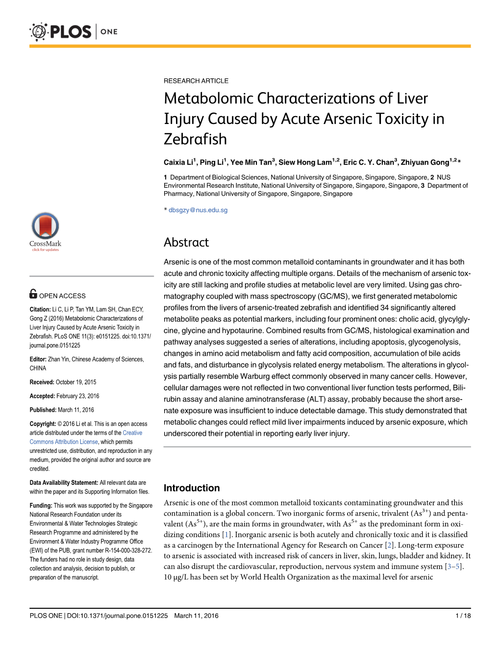 Metabolomic Characterizations of Liver Injury Caused by Acute Arsenic Toxicity in Zebrafish