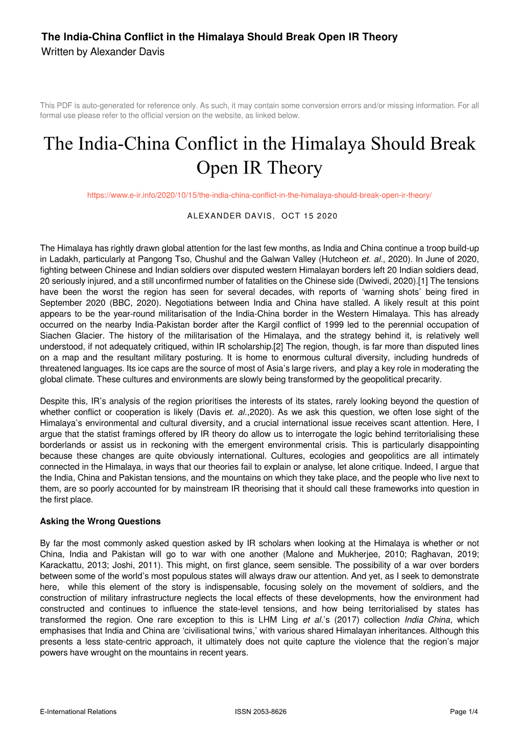 The India-China Conflict in the Himalaya Should Break Open IR Theory Written by Alexander Davis