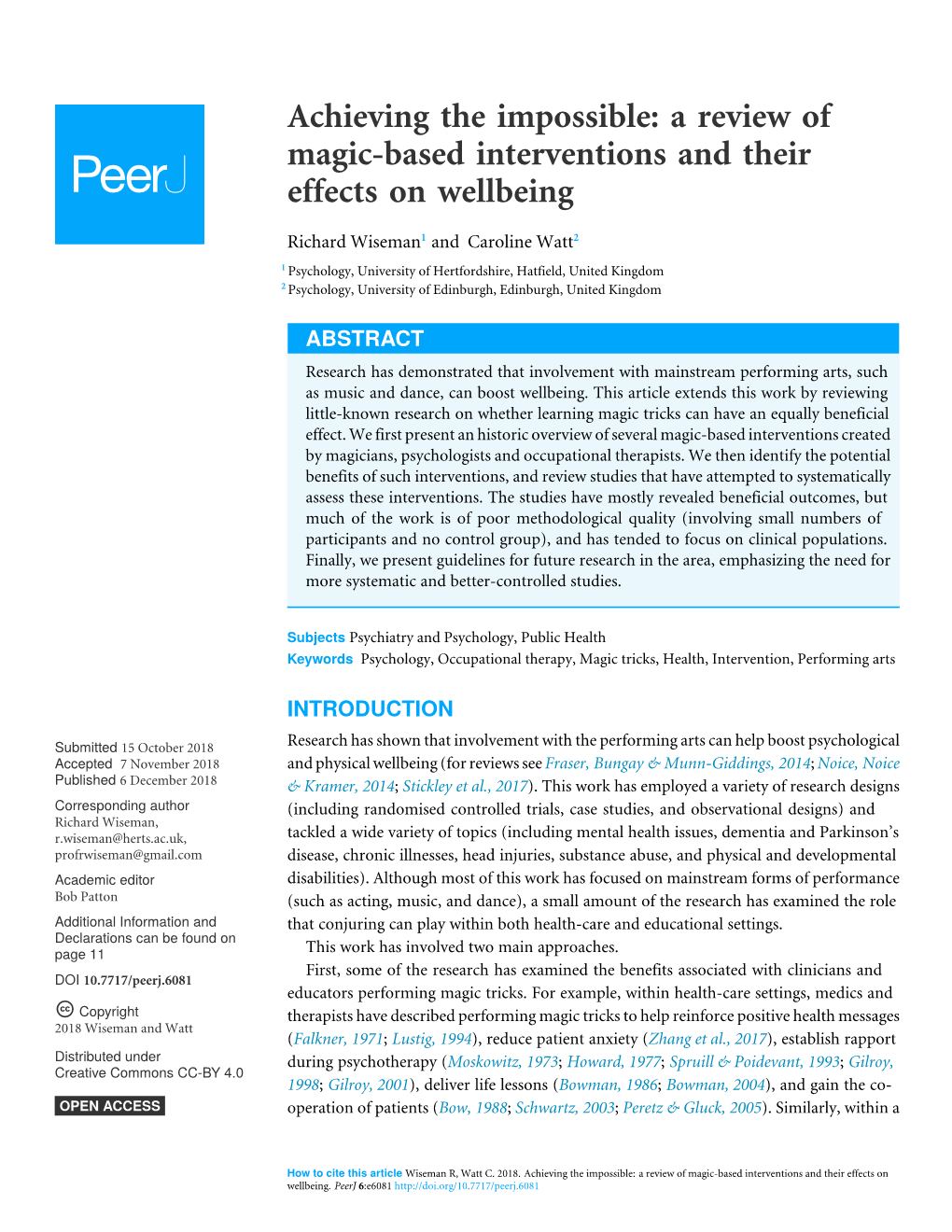 Achieving the Impossible: a Review of Magic-Based Interventions and Their Effects on Wellbeing