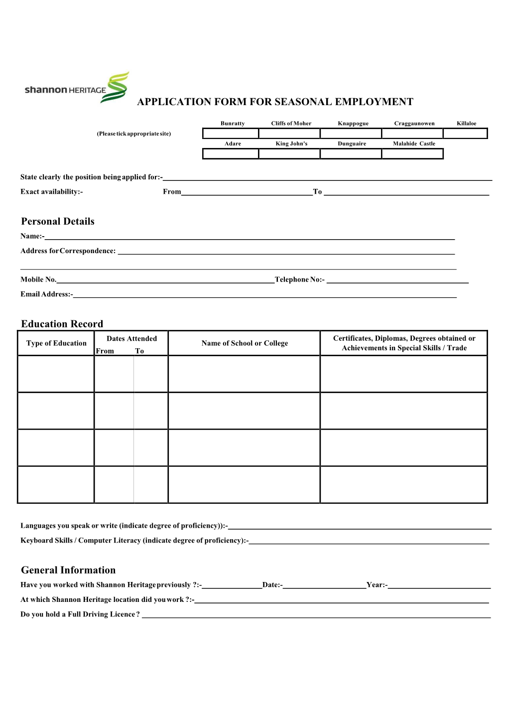 Application Form for Seasonal Employment