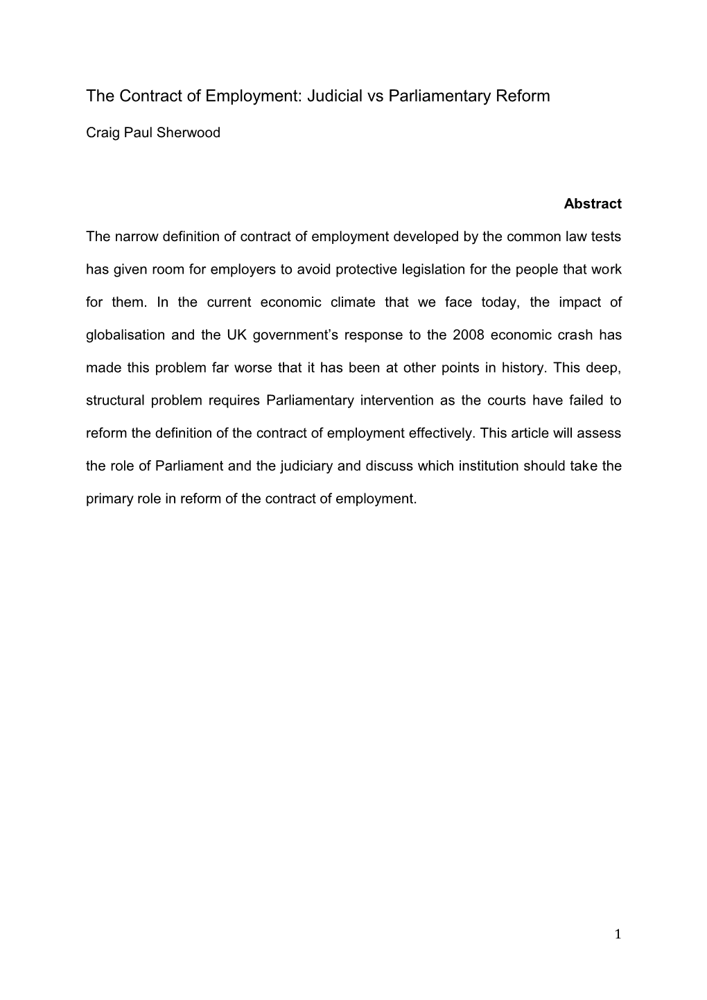 The Contract of Employment: Judicial Vs Parliamentary Reform