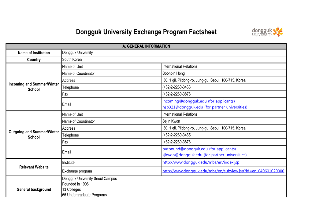Dongguk University Exchange Program Factsheet