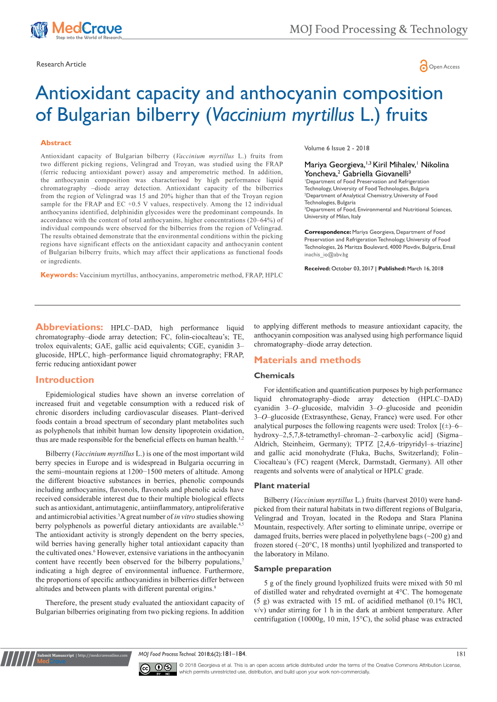 Antioxidant Capacity and Anthocyanin Composition of Bulgarian Bilberry (Vaccinium Myrtillus L.) Fruits
