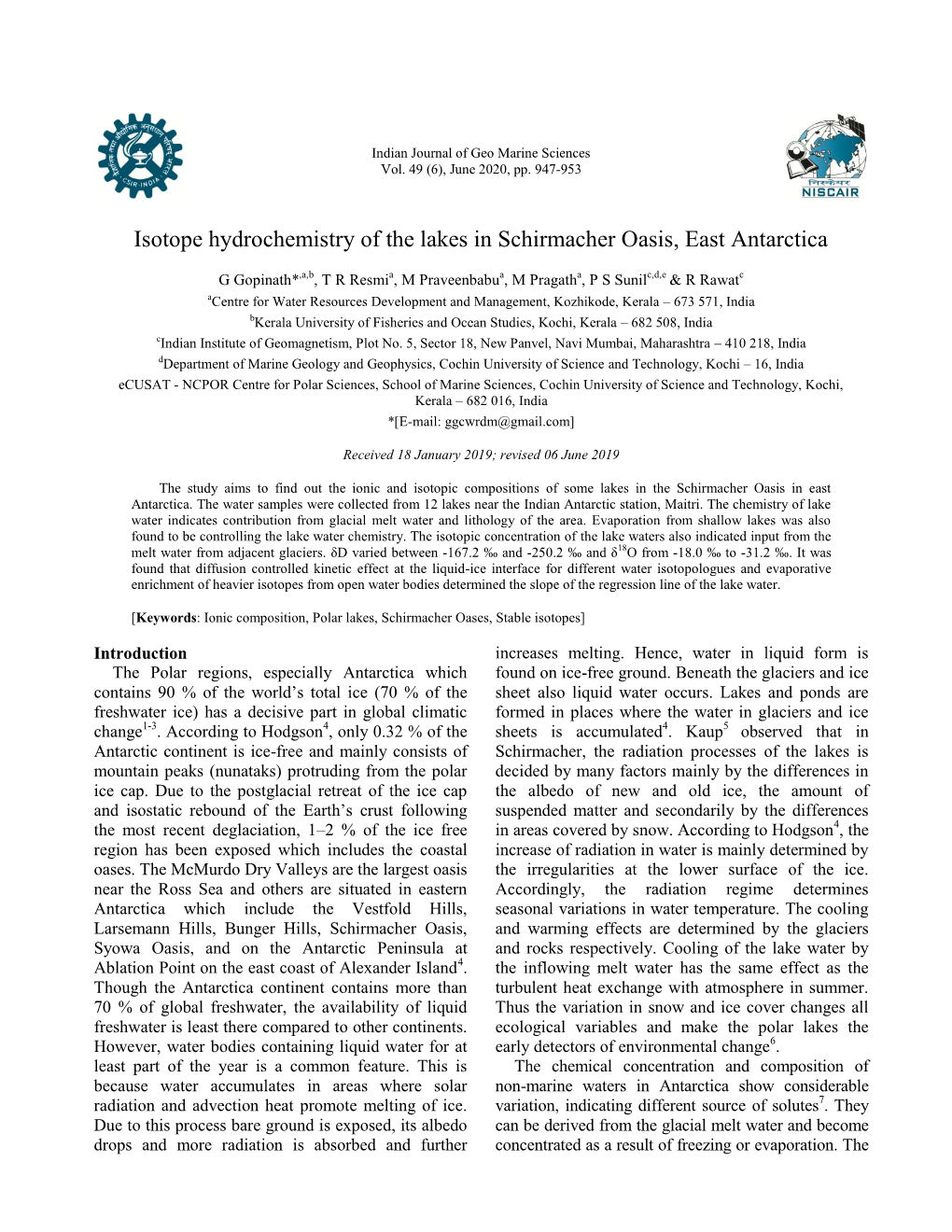 Isotope Hydrochemistry of the Lakes in Schirmacher Oasis, East Antarctica