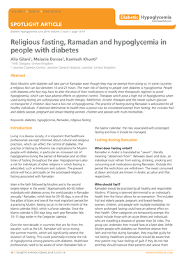 Religious Fasting, Ramadan and Hypoglycemia in People with Diabetes