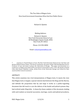 The Two Sides of Magna Carta: How Good Government Sometimes Wins out Over Public Choice By