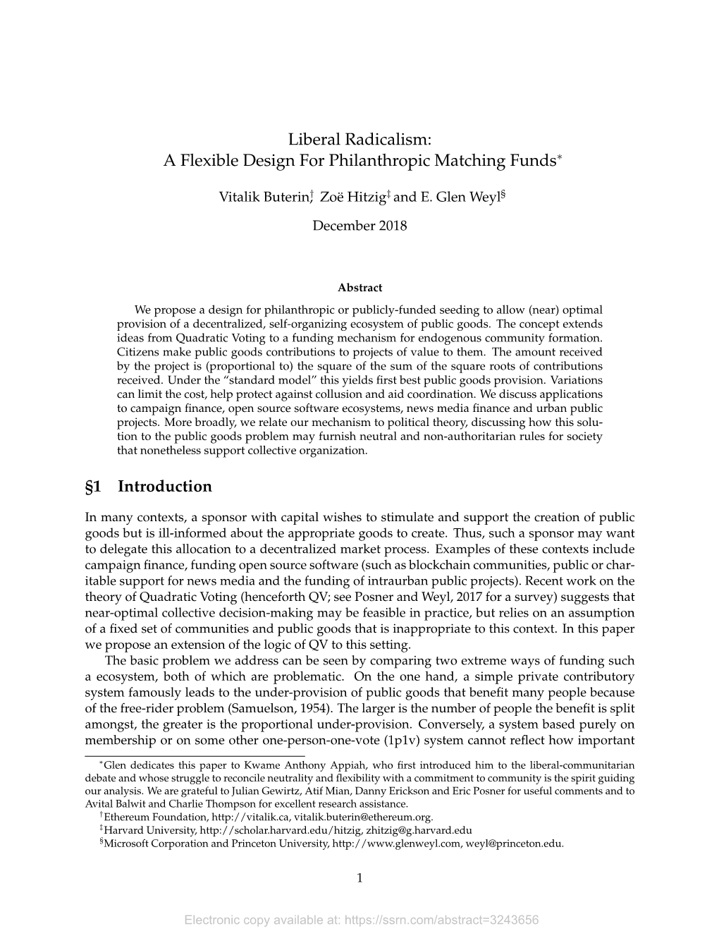 Liberal Radicalism: a Flexible Design for Philanthropic Matching Funds∗