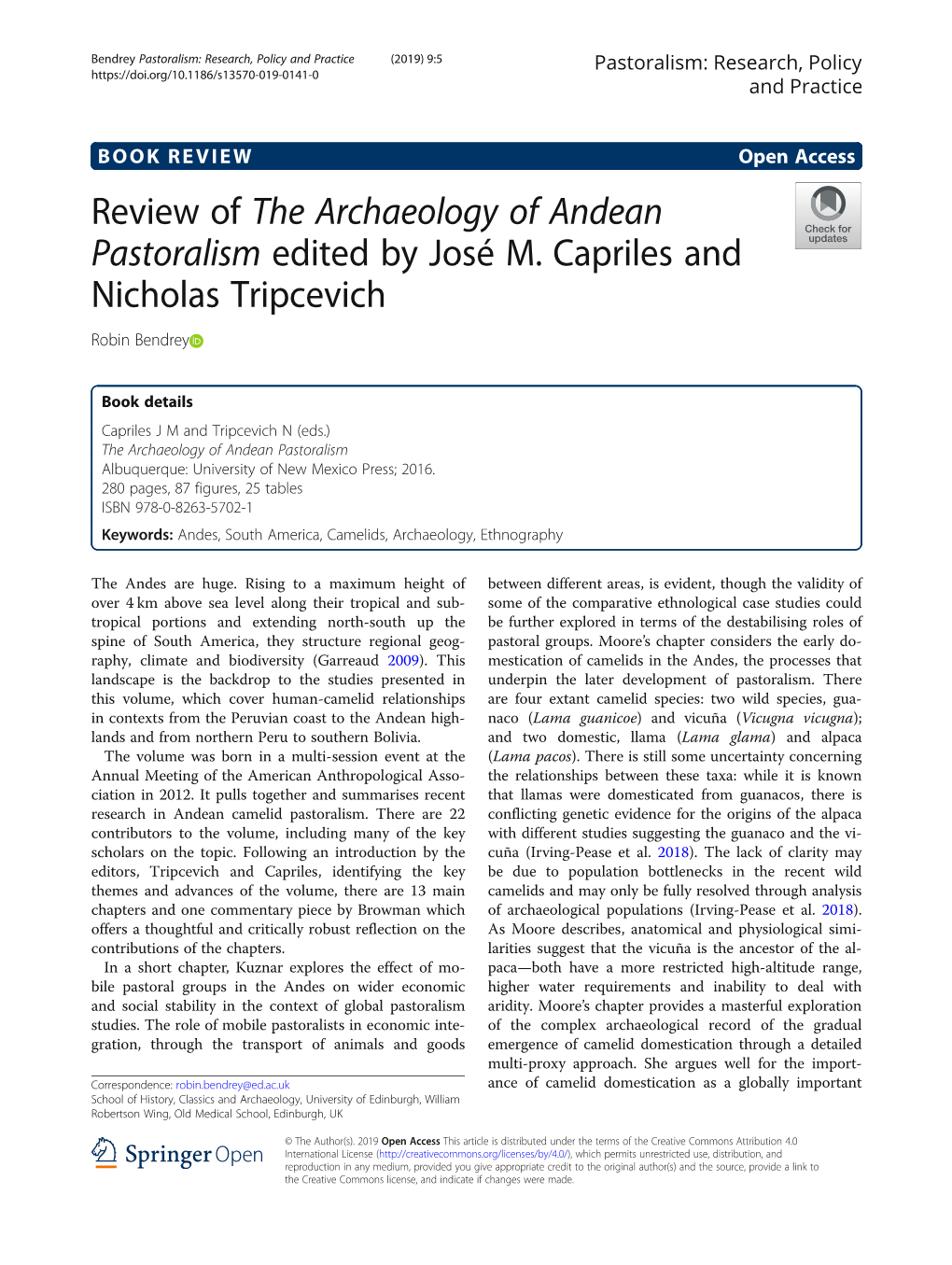 Review of the Archaeology of Andean Pastoralism Edited by José M. Capriles and Nicholas Tripcevich Robin Bendrey