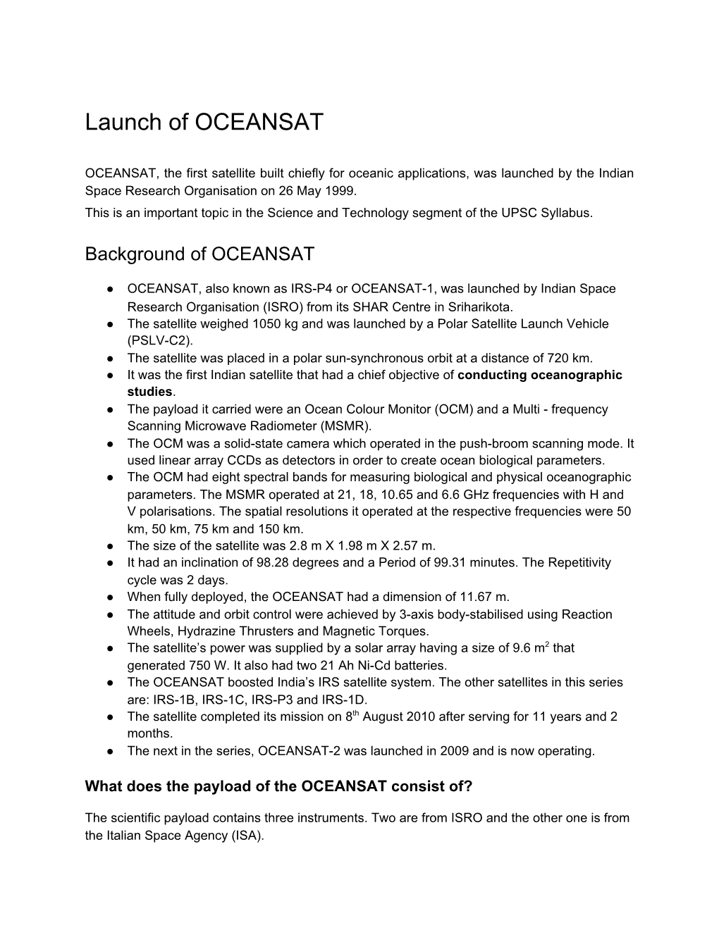 Launch of OCEANSAT