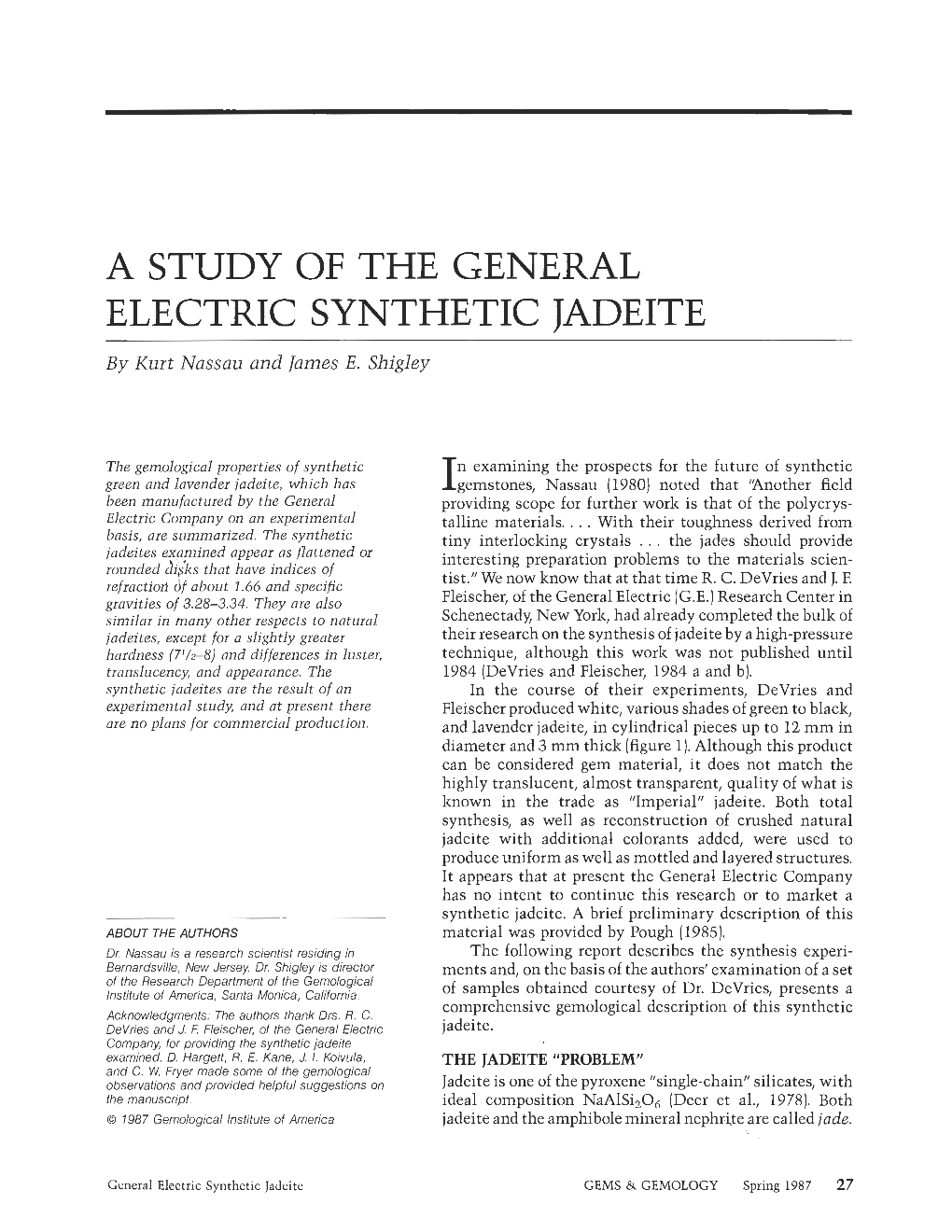 A STUDY of the GENERAL ELECTRIC SYNTHETIC JADEITE -- by Kurt Nassazz and Lames E