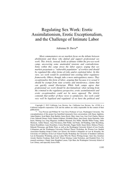 Regulating Sex Work: Erotic Assimilationism, Erotic Exceptionalism, and the Challenge of Intimate Labor
